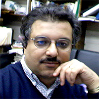 Professor of Statistics, Hosam M. Mahmoud, wearing a blue sweater in front of a bookshelf with his hand on his chin